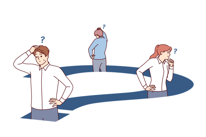 Confused business people standing inside big question trying to find way out of deadlock  Illustration