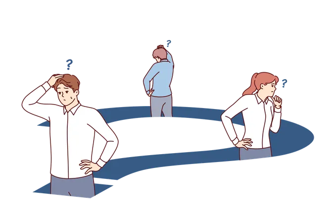 Confused business people standing inside big question trying to find way out of deadlock  Illustration