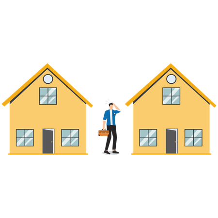 Confused businessman choosing to rent a house  Illustration