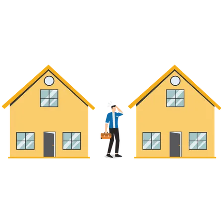 Confused businessman choosing to rent a house  Illustration