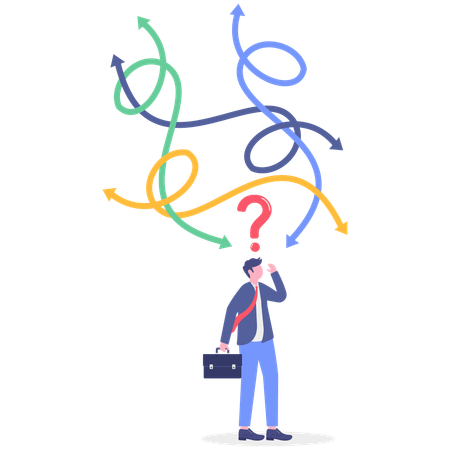 Confused businessman facing decision fatigue  Illustration