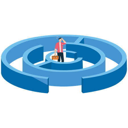 Confused Businessman in Labyrinth Looking for Exit  Illustration