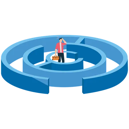 Confused Businessman in Labyrinth Looking for Exit  Illustration