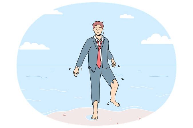 Confused businessman in torn suit walk out of ocean  Illustration