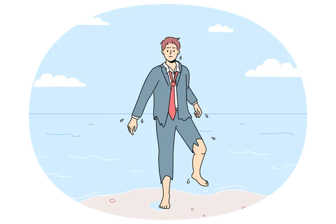 Confused businessman in torn suit walk out of ocean  Illustration