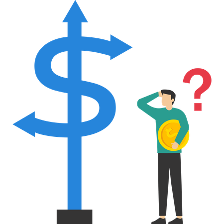 Confused businessman investor holding money coin choosing dollar direction sign  Illustration