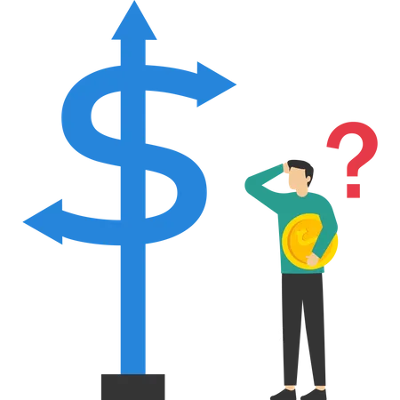 Confused businessman investor holding money coin choosing dollar direction sign  Illustration