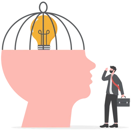Businessman Holding Light Bulb Idea With Jumping From Move On Different Fixed Mindset To Growth Mindset On Head Human Concept Vector Illustrator イラスト