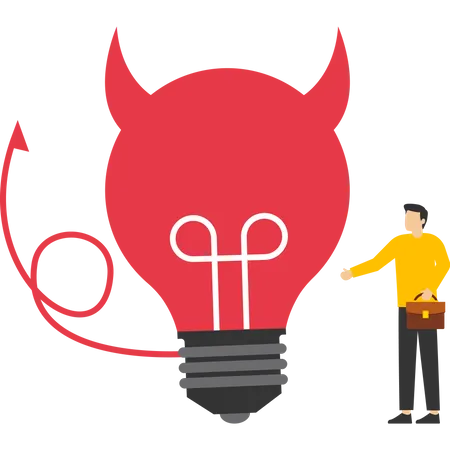 Evil And Negative Opinion Concept Confused Businessman Looking At Devil Light Bulb Doubting This Bad Idea Bad Ideas Lead To Problems And Failures Bad Ideas The Disappointment Of Being Rejected Illustration