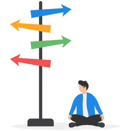 Thinking Businessman Meditating In Front Of A Crossroad And Selecting The Best Solution Possibilities For Business Concept Vector Colorful Flat Illustration Illustration