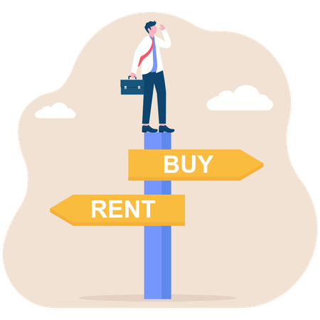 Confused businessman making decision to buy or rent  Illustration