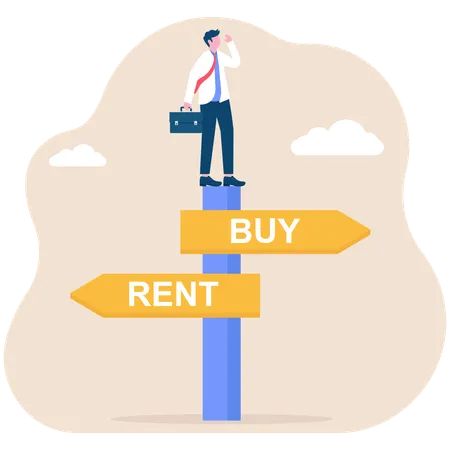 Confused businessman making decision to buy or rent  Illustration