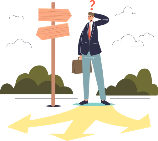 Confused businessman on crossroad thinking at direction of business development and solution  Illustration