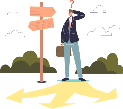 Confused businessman on crossroad thinking at direction of business development and solution  Illustration