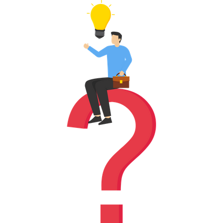 Confused businessman standing with question mark then helping put half light bulb for bright solution  Illustration