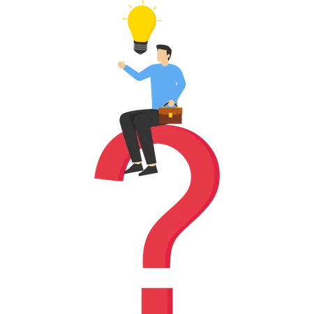 Confused businessman standing with question mark then helping put half light bulb for bright solution  Illustration