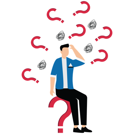 Confused businessman surrounded by question marks  Illustration