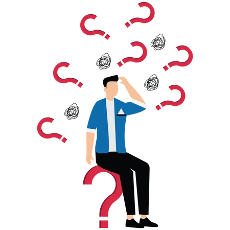 Confused businessman surrounded by question marks  Illustration