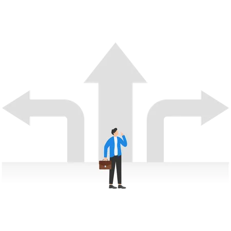 Choice And Decision Businessman Standing With Arrows In Three Different Directions Pathway Selection Dilemma Illustration