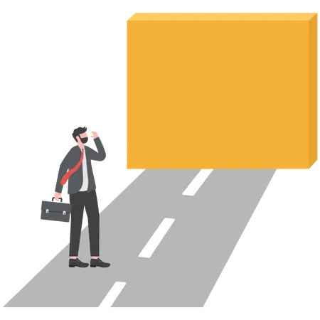 Confused businessman walk on the road to brick wall barrier  Illustration