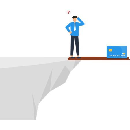 Confused Businessman with Credit Card on Cliff Edge  Illustration