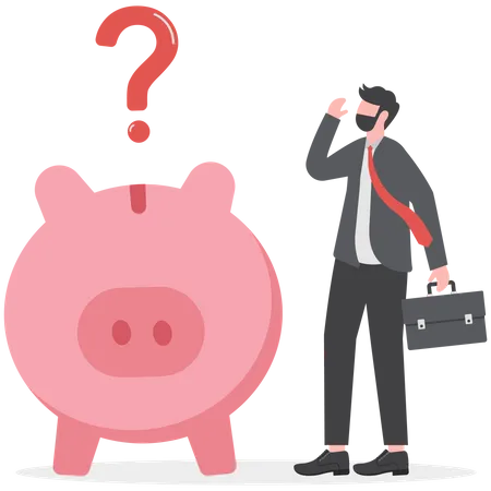 Confused businessman with piggybank and question marks  Illustration