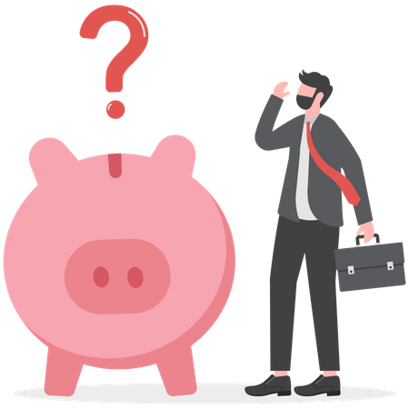 Confused businessman with piggybank and question marks  Illustration