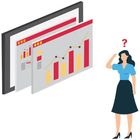 Confused Businesswoman Analyzing Market Graphs  Illustration