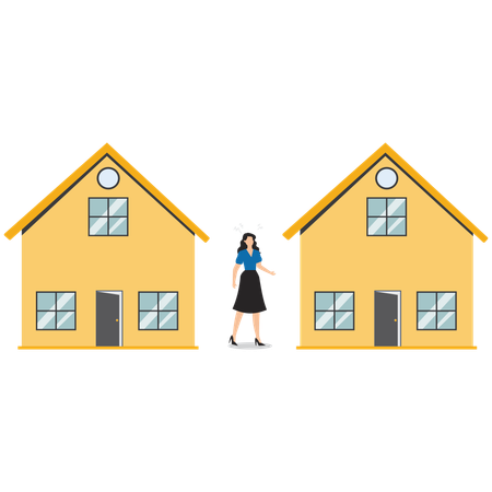 Confused businesswoman choosing to rent a house or buy it  Illustration