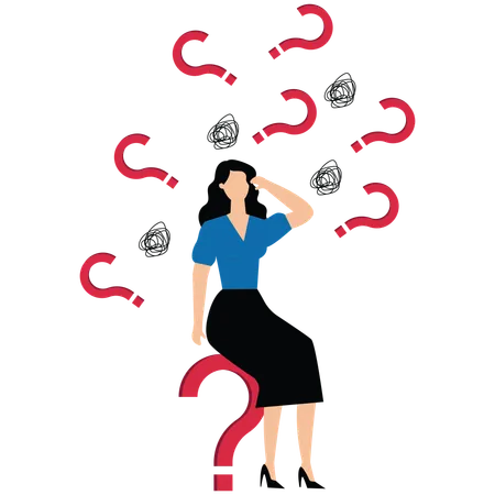 Confused businesswoman surrounded by question marks  Illustration