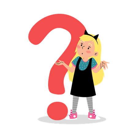 Confused child girl in front of big question mark  Illustration