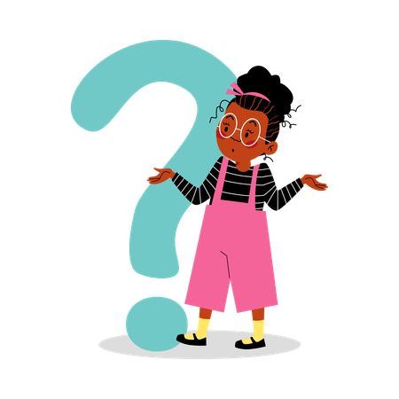 Confused child girl near question mark  Illustration