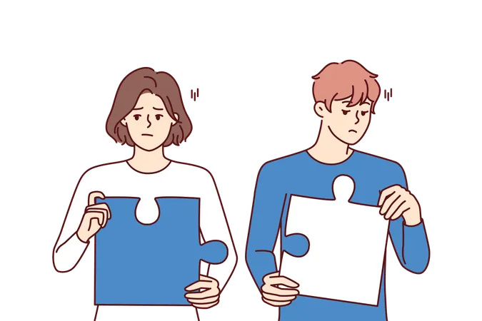 Confused colleagues holding puzzle pieces in hands  Illustration