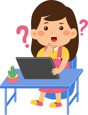 Confused cute little kid girl use graphic tablet  Illustration