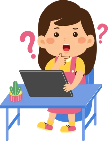 Confused cute little kid girl use graphic tablet  Illustration