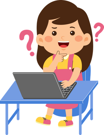 Confused cute little kid girl use laptop  Illustration