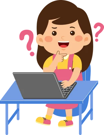 Confused cute little kid girl use laptop  Illustration