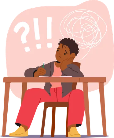 Confused Despondent Child Buried In Homework Wrestles With Stress And Weight Of Expectations His Frown Reflecting The Burden Of Academics Tired Sad African Boy At Desk Cartoon Vector Illustration Illustration