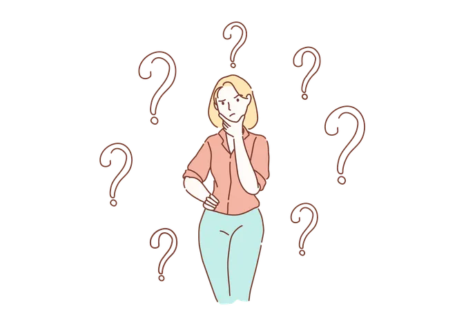 Thoughtful Serious Young Woman Looking Away With Hand On Chin Feeling Doubt Isolated Millennial Girl With Unsure Face Thinking Of Question Considering Uncertain About Making Decision On Blank Background Cartoon Flat Design Isolated Vector Illustration Illustration