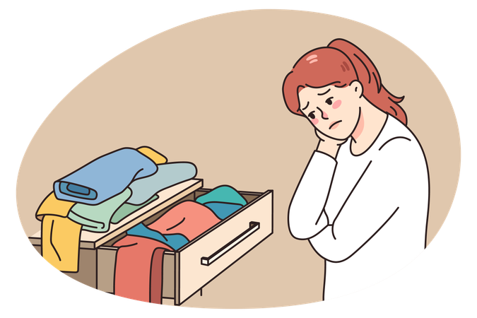 Confused girl look at clothes have nothing to wear  Illustration
