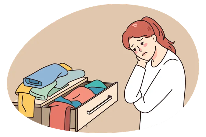 Confused girl look at clothes have nothing to wear  Illustration