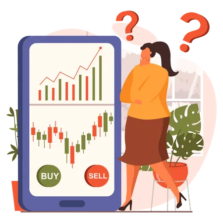 Confused Girl thinking about stock market investment Illustration