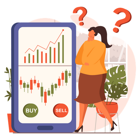 Confused Girl thinking about stock market investment  Illustration