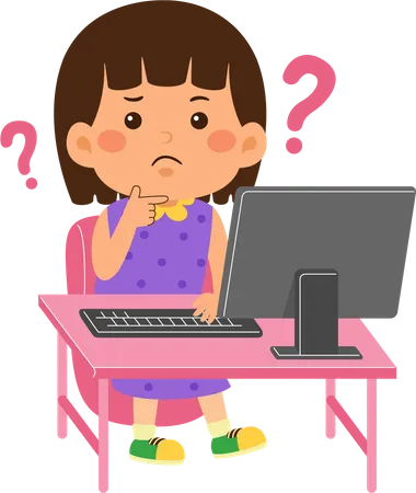 Cute Little Kid Girl Use Computer Illustration