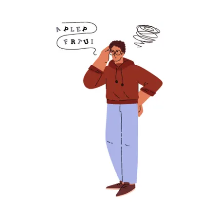 Confused guy with letters and tangled line above his head  Illustration