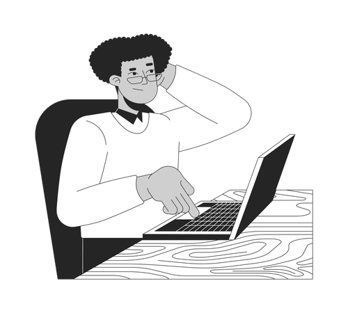 Confused hispanic office worker clicking keyboard laptop  Illustration