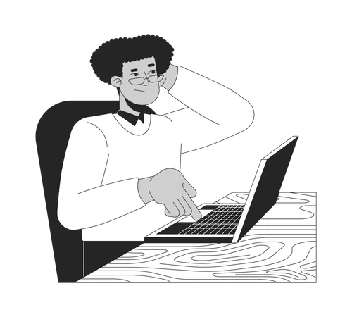 Confused hispanic office worker clicking keyboard laptop  Illustration