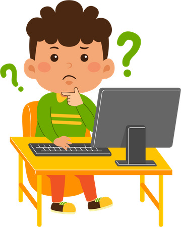 Confused kid boy use computer  Illustration
