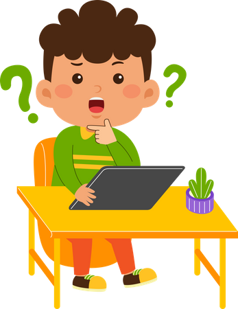Confused little boy use tablet  Illustration