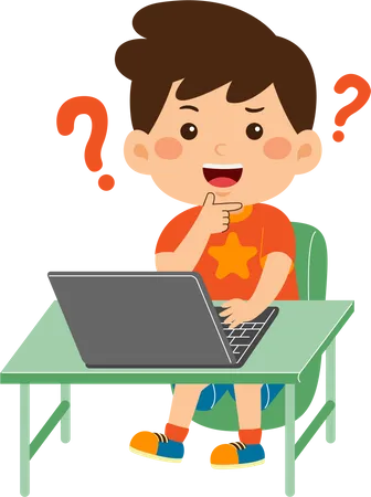 Confused little kid boy use laptop  Illustration